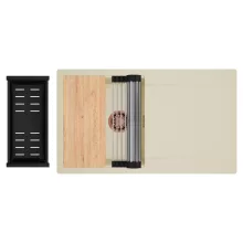 HD Onyx Beige 86 egymedencés gránit mosogatótálca szett, csepegtetőtálcával, vágódeszkával, acél csepegtetőráccsal és matt fekete kosárral, soft bézs színben, szálcsiszolt réz leeresztő szifonnal