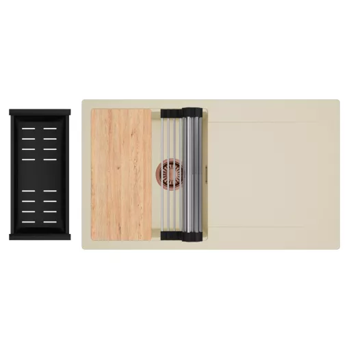 HD Onyx Beige 86 egymedencés gránit mosogatótálca szett, csepegtetőtálcával, vágódeszkával, acél csepegtetőráccsal és matt fekete kosárral, soft bézs színben, szálcsiszolt réz leeresztő szifonnal