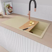 HD Onyx Beige 86 egymedencés gránit mosogatótálca szett, csepegtetőtálcával, vágódeszkával, acél csepegtetőráccsal és matt fekete kosárral, soft bézs színben, szálcsiszolt réz leeresztő szifonnal