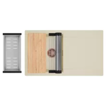 HD Onyx Beige 86 egymedencés gránit mosogatótálca szett, csepegtetőtálcával, vágódeszkával, acél csepegtetőráccsal és kosárral, soft bézs színben, szálcsiszolt réz leeresztő szifonnal