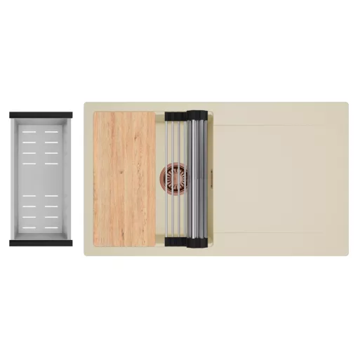 HD Onyx Beige 86 egymedencés gránit mosogatótálca szett, csepegtetőtálcával, vágódeszkával, acél csepegtetőráccsal és kosárral, soft bézs színben, szálcsiszolt réz leeresztő szifonnal