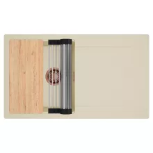 HD Onyx Beige 86 egymedencés gránit mosogatótálca szett, csepegtetőtálcával, vágódeszkával, acél csepegtetőráccsal, soft bézs színben, szálcsiszolt réz leeresztő szifonnal