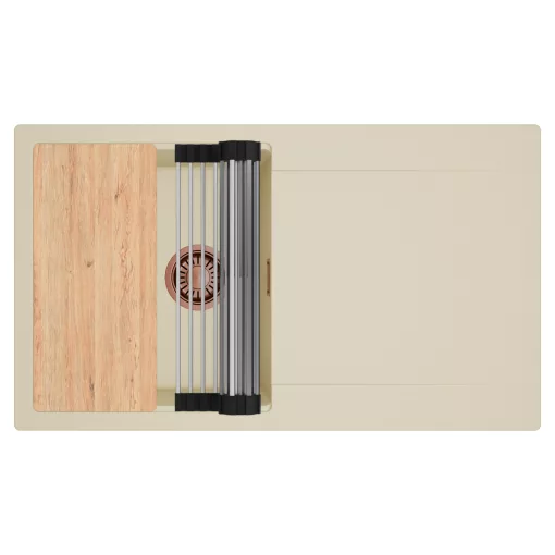 HD Onyx Beige 86 egymedencés gránit mosogatótálca szett, csepegtetőtálcával, vágódeszkával, acél csepegtetőráccsal, soft bézs színben, szálcsiszolt réz leeresztő szifonnal