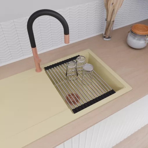 HD Onyx Beige 86 egymedencés gránit mosogatótálca szett, csepegtetőtálcával, vágódeszkával, acél csepegtetőráccsal, soft bézs színben, szálcsiszolt réz leeresztő szifonnal