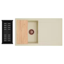 HD Onyx Beige 86 egymedencés gránit mosogatótálca szett, csepegtetőtálcával, vágódeszkával, matt fekete csepegtetőkosárral, soft bézs színben, szálcsiszolt réz leeresztő szifonnal