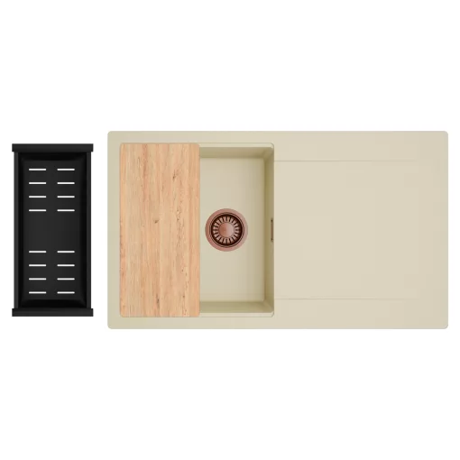 HD Onyx Beige 86 egymedencés gránit mosogatótálca szett, csepegtetőtálcával, vágódeszkával, matt fekete csepegtetőkosárral, soft bézs színben, szálcsiszolt réz leeresztő szifonnal