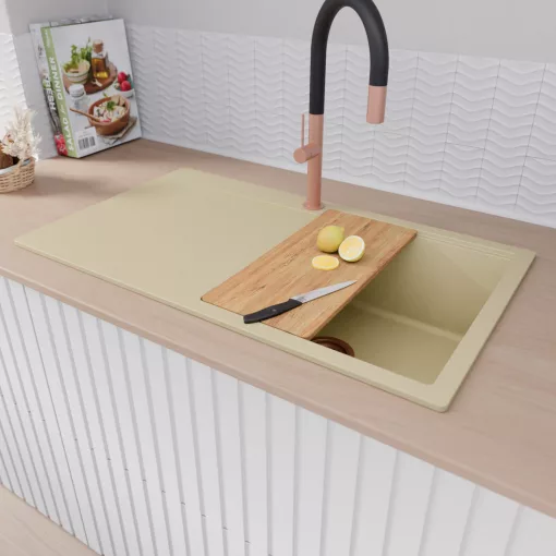 HD Onyx Beige 86 egymedencés gránit mosogatótálca szett, csepegtetőtálcával, vágódeszkával, matt fekete csepegtetőkosárral, soft bézs színben, szálcsiszolt réz leeresztő szifonnal