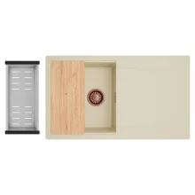 HD Onyx Beige 86 egymedencés gránit mosogatótálca szett, csepegtetőtálcával, vágódeszkával, acél csepegtetőkosárral, soft bézs színben, szálcsiszolt réz leeresztő szifonnal