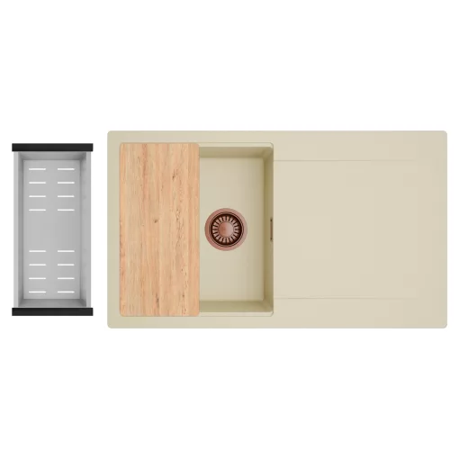 HD Onyx Beige 86 egymedencés gránit mosogatótálca szett, csepegtetőtálcával, vágódeszkával, acél csepegtetőkosárral, soft bézs színben, szálcsiszolt réz leeresztő szifonnal