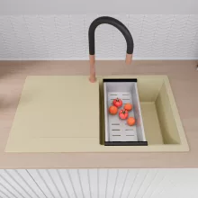 HD Onyx Beige 86 egymedencés gránit mosogatótálca szett, csepegtetőtálcával, vágódeszkával, acél csepegtetőkosárral, soft bézs színben, szálcsiszolt réz leeresztő szifonnal