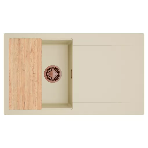 HD Onyx Beige 86 egymedencés gránit mosogatótálca, vágódeszkával, soft bézs színben, szálcsiszolt réz leeresztő szifonnal