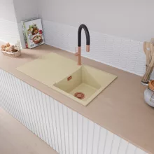 HD Onyx Beige 86 egymedencés gránit mosogatótálca, vágódeszkával, soft bézs színben, szálcsiszolt réz leeresztő szifonnal