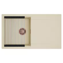 HD Onyx Beige 86 egymedencés mosogatótálca szett, acél csepegtetőráccsal, csepegtetőtálcával, soft bézs színben, szálcsiszolt réz leeresztő szifonnal