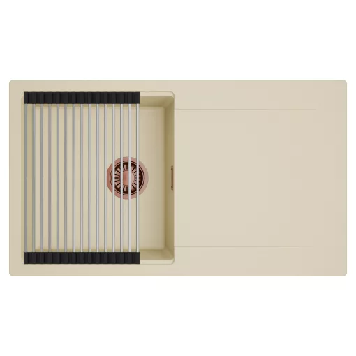 HD Onyx Beige 86 egymedencés mosogatótálca szett, acél csepegtetőráccsal, csepegtetőtálcával, soft bézs színben, szálcsiszolt réz leeresztő szifonnal