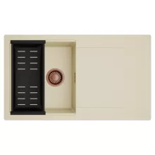 HD Onyx Beige 86 egymedencés mosogatótálca szett, matt fekete csepegtetőkosárral, csepegtetőtálcával, soft bézs színben, szálcsiszolt réz leeresztő szifonnal