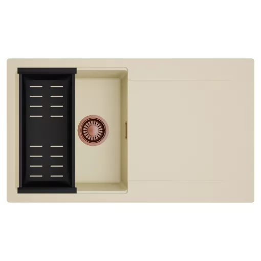 HD Onyx Beige 86 egymedencés mosogatótálca szett, matt fekete csepegtetőkosárral, csepegtetőtálcával, soft bézs színben, szálcsiszolt réz leeresztő szifonnal