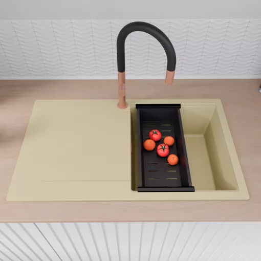 HD Onyx Beige 86 egymedencés mosogatótálca szett, matt fekete csepegtetőkosárral, csepegtetőtálcával, soft bézs színben, szálcsiszolt réz leeresztő szifonnal