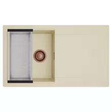 HD Onyx Beige 86 egymedencés mosogatótálca szett, acél csepegtetőkosárral, csepegtetőtálcával, soft bézs színben, szálcsiszolt réz leeresztő szifonnal