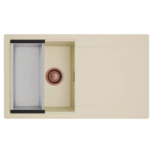 HD Onyx Beige 86 egymedencés mosogatótálca szett, acél csepegtetőkosárral, csepegtetőtálcával, soft bézs színben, szálcsiszolt réz leeresztő szifonnal