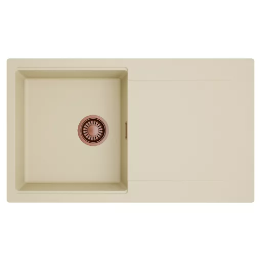 HD Onyx Beige 86 egymedencés mosogatótálca, csepegtetőtálcával, soft bézs színben, szálcsiszolt réz leeresztő szifonnal