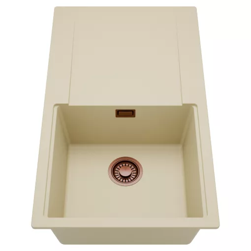 HD Onyx Beige 86 egymedencés mosogatótálca, csepegtetőtálcával, soft bézs színben, szálcsiszolt réz leeresztő szifonnal