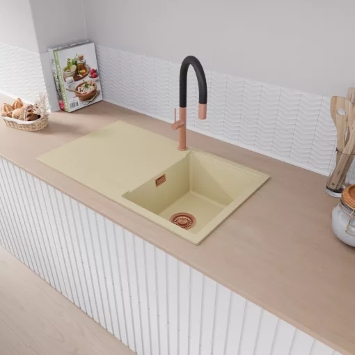 HD Onyx Beige 86 egymedencés mosogatótálca, csepegtetőtálcával, soft bézs színben, szálcsiszolt réz leeresztő szifonnal