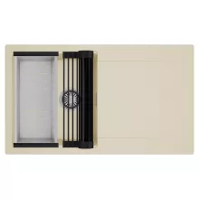 HD Onyx Beige 86 egymedencés mosogatótálca szett, matt fekete csepegtetőráccsal és krómozott kosárral, csepegtetőtálcával, soft bézs színben