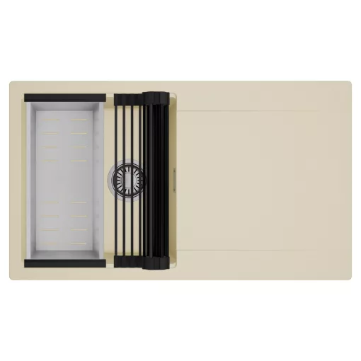 HD Onyx Beige 86 egymedencés mosogatótálca szett, matt fekete csepegtetőráccsal és krómozott kosárral, csepegtetőtálcával, soft bézs színben