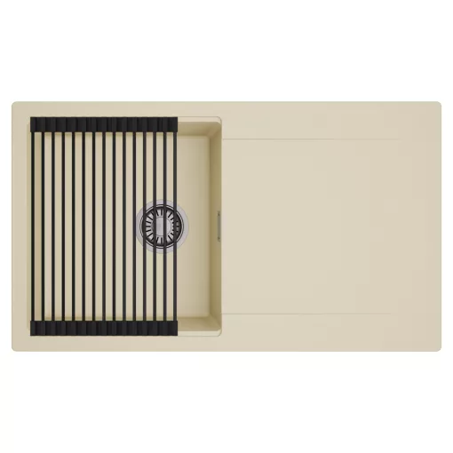 HD Onyx Beige 86 egymedencés mosogatótálca szett, matt fekete csepegtetőráccsal, csepegtetőtálcával, soft bézs színben