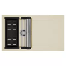 HD Onyx Beige 86 egymedencés mosogatótálca szett, acél csepegtetőráccsal és matt fekete kosárral, csepegtetőtálcával, soft bézs színben