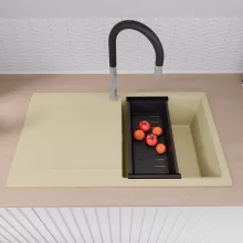 HD Onyx Beige 86 egymedencés mosogatótálca szett, acél csepegtetőráccsal és matt fekete kosárral, csepegtetőtálcával, soft bézs színben