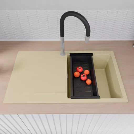 HD Onyx Beige 86 egymedencés mosogatótálca szett, acél csepegtetőráccsal és matt fekete kosárral, csepegtetőtálcával, soft bézs színben