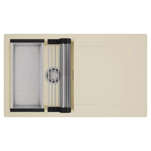 HD Onyx Beige 86 egymedencés mosogatótálca szett, acél csepegtetőráccsal és kosárral, csepegtetőtálcával, soft bézs színben