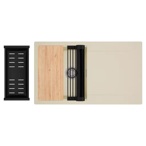 HD Onyx Beige 86 egymedencés gránit mosogatótálca szett, csepegtetőtálcával, vágódeszkával, matt fekete csepegtetőráccsal és kosárral, soft bézs színben
