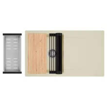 HD Onyx Beige 86 egymedencés gránit mosogatótálca szett, csepegtetőtálcával, vágódeszkával, matt fekete csepegtetőráccsal és krómozott kosárral, soft bézs színben