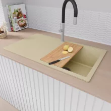 HD Onyx Beige 86 egymedencés gránit mosogatótálca szett, csepegtetőtálcával, vágódeszkával, matt fekete csepegtetőráccsal és krómozott kosárral, soft bézs színben