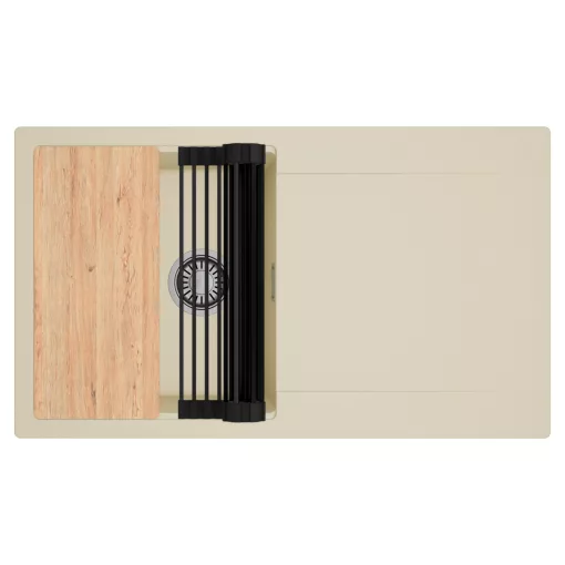 HD Onyx Beige 86 egymedencés gránit mosogatótálca szett, csepegtetőtálcával, vágódeszkával, matt fekete csepegtetőráccsal, soft bézs színben