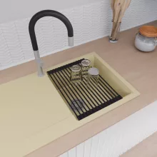 HD Onyx Beige 86 egymedencés gránit mosogatótálca szett, csepegtetőtálcával, vágódeszkával, matt fekete csepegtetőráccsal, soft bézs színben