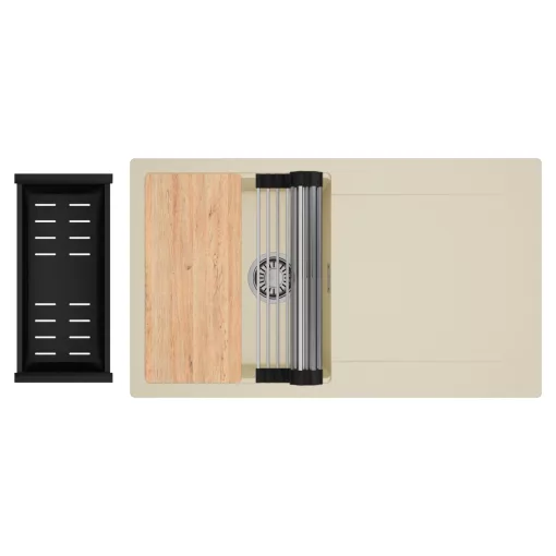 HD Onyx Beige 86 egymedencés gránit mosogatótálca szett, csepegtetőtálcával, vágódeszkával, acél csepegtetőráccsal és matt fekete kosárral, soft bézs színben