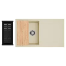 HD Onyx Beige 86 egymedencés gránit mosogatótálca szett, csepegtetőtálcával, vágódeszkával, matt fekete csepegtetőkosárral, soft bézs színben