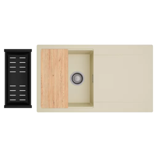 HD Onyx Beige 86 egymedencés gránit mosogatótálca szett, csepegtetőtálcával, vágódeszkával, matt fekete csepegtetőkosárral, soft bézs színben