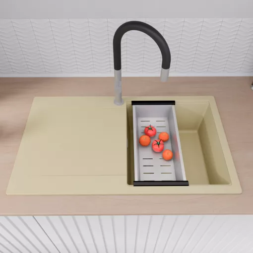 HD Onyx Beige 86 egymedencés gránit mosogatótálca szett, csepegtetőtálcával, vágódeszkával, acél csepegtetőkosárral, soft bézs színben