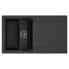 HD Onyx Antracit 86 egymedencés mosogatótálca szett, matt fekete csepegtetőráccsal és kosárral, csepegtetőtálcával, matt antracit színben, szálcsiszolt króm leeresztő szifonnal