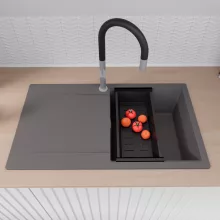 HD Onyx Antracit 86 egymedencés mosogatótálca szett, matt fekete csepegtetőráccsal és kosárral, csepegtetőtálcával, matt antracit színben, szálcsiszolt króm leeresztő szifonnal