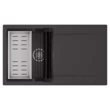 HD Onyx Antracit 86 egymedencés mosogatótálca szett, matt fekete csepegtetőráccsal és krómozott kosárral, csepegtetőtálcával, matt antracit színben, szálcsiszolt króm leeresztő szifonnal