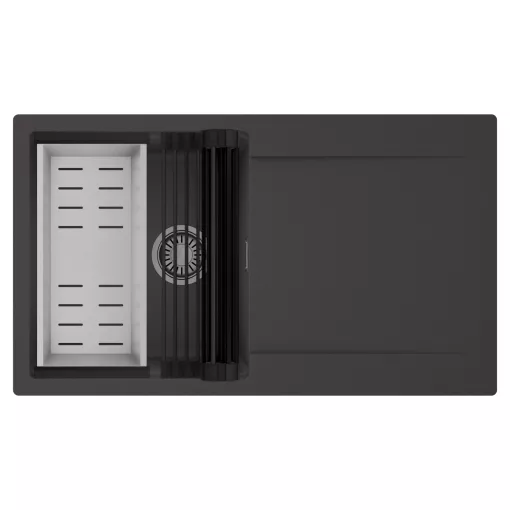 HD Onyx Antracit 86 egymedencés mosogatótálca szett, matt fekete csepegtetőráccsal és krómozott kosárral, csepegtetőtálcával, matt antracit színben, szálcsiszolt króm leeresztő szifonnal