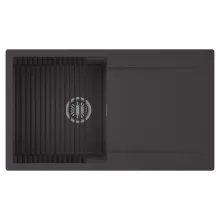 HD Onyx Antracit 86 egymedencés mosogatótálca szett, matt fekete csepegtetőráccsal, csepegtetőtálcával, matt antracit színben, szálcsiszolt króm leeresztő szifonnal