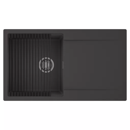 HD Onyx Antracit 86 egymedencés mosogatótálca szett, matt fekete csepegtetőráccsal, csepegtetőtálcával, matt antracit színben, szálcsiszolt króm leeresztő szifonnal