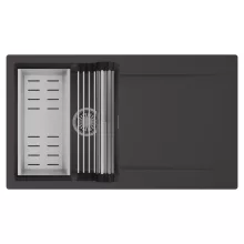 HD Onyx Antracit 86 egymedencés mosogatótálca szett, acél csepegtetőráccsal és kosárral, csepegtetőtálcával, matt antracit színben, szálcsiszolt króm leeresztő szifonnal