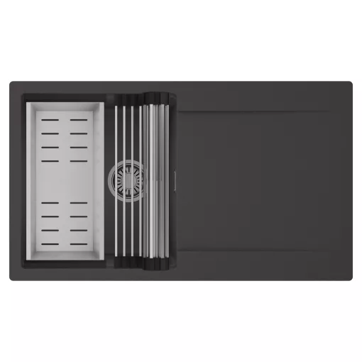 HD Onyx Antracit 86 egymedencés mosogatótálca szett, acél csepegtetőráccsal és kosárral, csepegtetőtálcával, matt antracit színben, szálcsiszolt króm leeresztő szifonnal